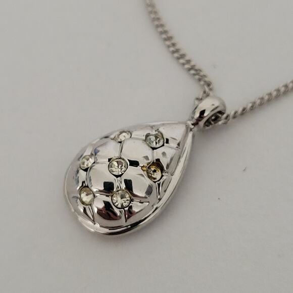 Milano Silver Necklace Pendant Tear Drop Chain 16-18 Rhinestones Minimalistic - Picture 3 of 8